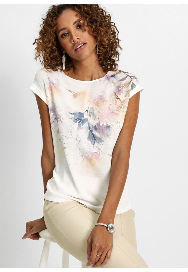 bonprix - Bluzka shirtowa z kwiatowym nadrukiem. Kolor: biały. Wzór: nadruk, kwiaty