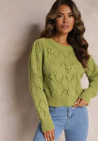 Renee - Zielony Sweter o Klasycznym Fasonie Ozdobiony Kwiatami 3D z Tkaniny Loraxis. Kolor: zielony. Materiał: tkanina. Wzór: aplikacja, kwiaty. Styl: klasyczny #5