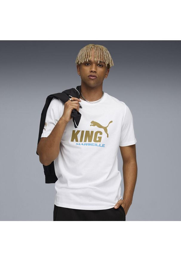 Puma - Męska koszulka Olympique Marsylia KING z logo PUMA White Gold. Kolor: biały, wielokolorowy, żółty. Sport: piłka nożna