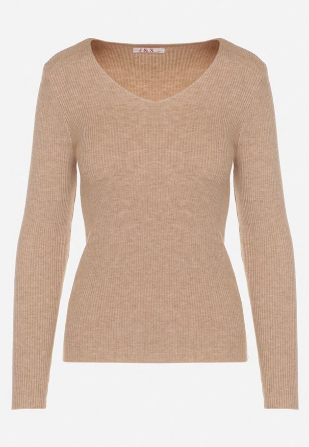 Born2be - Ciemnobeżowy Dopasowany Sweter z Prążkowanej Dzianiny z Bawełną z Dekoltem w Serek Tesma. Okazja: na co dzień. Typ kołnierza: dekolt w serek. Kolor: beżowy. Materiał: prążkowany, dzianina, bawełna. Długość rękawa: długi rękaw. Długość: długie. Styl: casual, elegancki