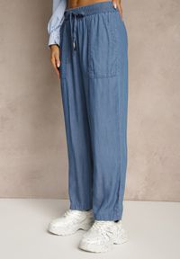 Renee - Granatowe Spodnie z Bawełną High Waist Ozdobione Wiązaniem Calwia. Stan: podwyższony. Kolor: niebieski. Materiał: bawełna. Wzór: aplikacja. Sezon: lato #3