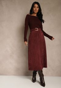 Renee - Bordowa Spódnica z Wiskozy z Bawełną z Imitacji Zamszu z Paskiem Oliweda. Okazja: na co dzień. Kolor: czerwony. Materiał: bawełna, wiskoza, zamsz. Styl: casual #2