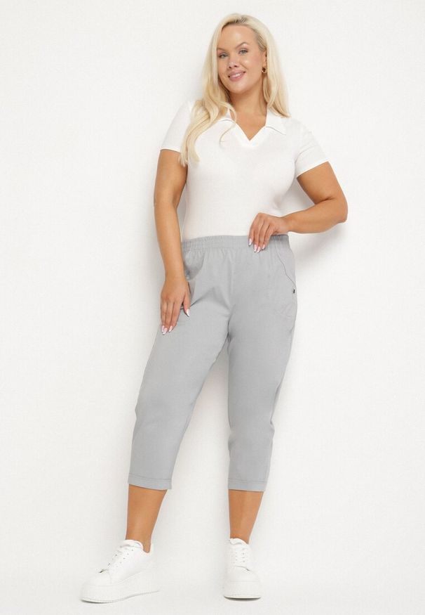 Born2be - Szare Spodnie z Wiskozą Ozdobione Kieszeniami Liranta. Okazja: na co dzień. Kolor: szary. Materiał: wiskoza. Wzór: aplikacja. Styl: casual, klasyczny