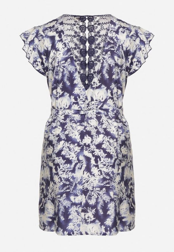 Born2be - Niebieska Sukienka z Wiskozy i Lnu Pudełkowa z Wiązaniem w Talii w Abstrakcyjny Wzór Toleira. Typ kołnierza: dekolt w kształcie V. Kolor: niebieski. Materiał: wiskoza, len. Długość rękawa: krótki rękaw