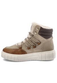 Beżowe Botki Mustang Modne Ocieplane Buty Damskie. Kolor: beżowy. Materiał: syntetyk, materiał, skóra ekologiczna, futro. Szerokość cholewki: normalna. Obcas: na platformie #7