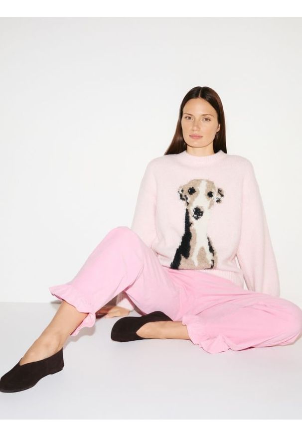 Reserved - Spodnie z falbanką - pastelowy róż. Kolor: różowy. Materiał: bawełna, tkanina