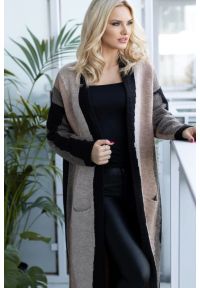 PeeKaBoo - Elegancki długi sweter kardigan z wełną czarno beżowy. Kolor: czarny, beżowy, wielokolorowy. Materiał: wełna. Długość: długie. Styl: elegancki #2