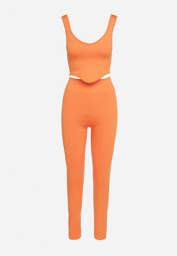 Born2be - Pomarańczowy Prążkowany Komplet Sportowy Top na Ramiączkach i Legginsy Adranila. Kolor: pomarańczowy. Materiał: prążkowany