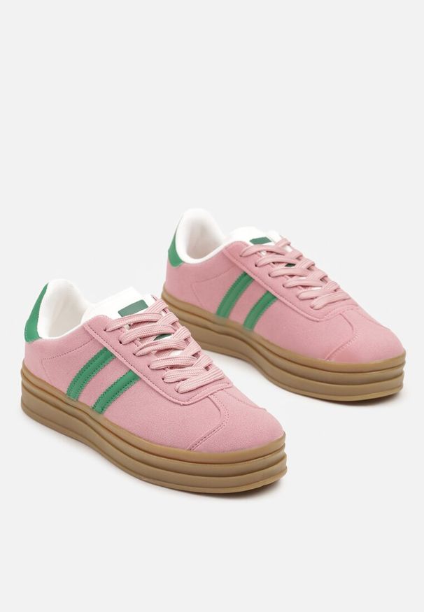 Born2be - Ciemnoróżowe Sneakersy na Platformie z Minimalistycznymi Przeszyciami Teritha. Okazja: na spacer. Kolor: różowy. Materiał: jeans. Obcas: na platformie. Sport: turystyka piesza, fitness