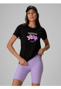 4f - 4F T-shirt regular z nadrukiem damski - czarny XL. Okazja: na co dzień, na plażę. Kolor: czarny. Materiał: jeans, dresówka, bawełna, dzianina. Wzór: nadruk. Sezon: lato. Styl: wakacyjny, casual #1