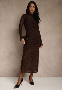 Renee - Brązowa Sukienka z Domieszką Wiskozy Ozdobiona Welurowym Nadrukiem Vetionne. Okazja: na co dzień, na imprezę. Kolor: brązowy. Materiał: welur, wiskoza. Długość rękawa: na ramiączkach. Wzór: aplikacja, nadruk. Styl: casual, elegancki. Długość: midi #1