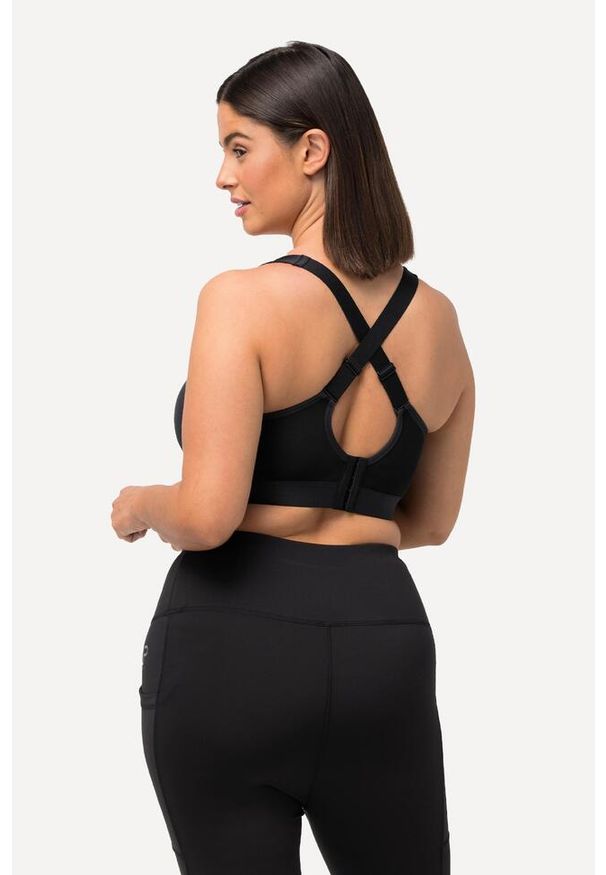 ULLA POPKEN - Damski Biustonosz sportowy bez fiszbin zamek błyskawiczny skrzyżowane ramiączka. Kolekcja: plus size. Kolor: czarny. Materiał: elastan, poliamid, materiał