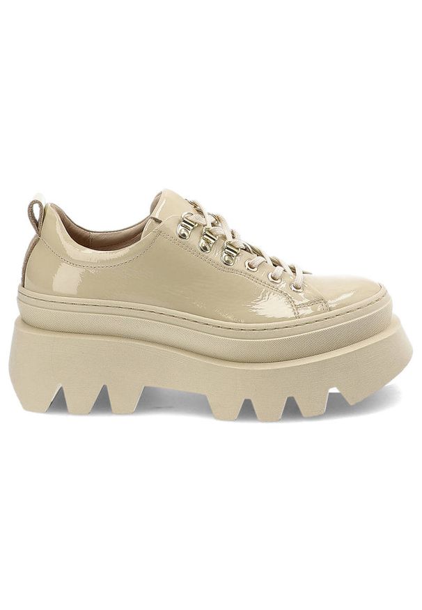 CheBello - Sneakersy damskie Chebello, lakierowana cholewka sznurowanie z metalowymi oczkami masywna platforma, beżowy, 3054_-286-000-PSK-S228. Zapięcie: sznurówki. Kolor: beżowy. Materiał: lakier. Szerokość cholewki: normalna. Sezon: wiosna, jesień. Obcas: na platformie. Wysokość obcasa: niski