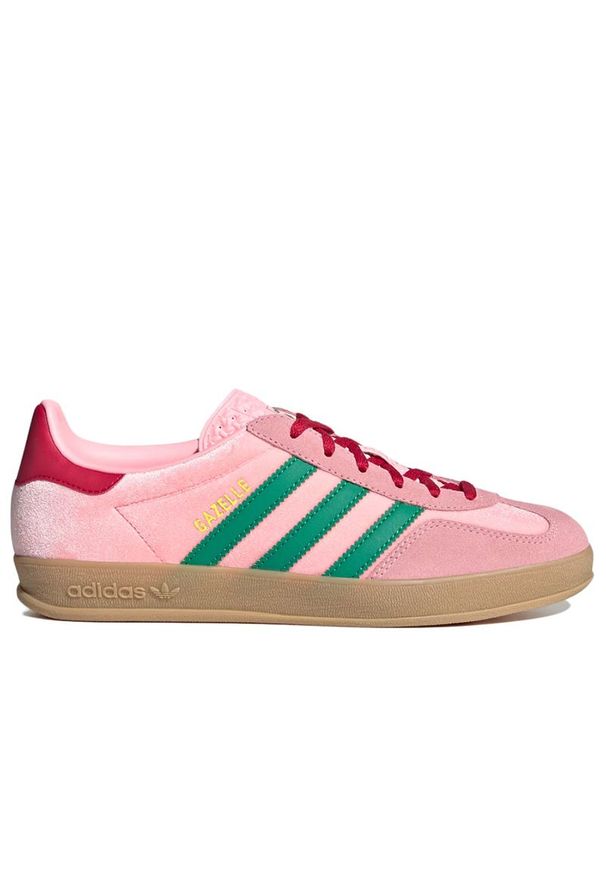 Adidas - Buty damskie adidas Gazelle Indoor JI2713 - różowe. Okazja: na uczelnię. Zapięcie: pasek. Kolor: różowy. Materiał: skóra, zamsz, guma. Szerokość cholewki: normalna. Wzór: aplikacja, paski. Sezon: lato. Model: Adidas Gazelle