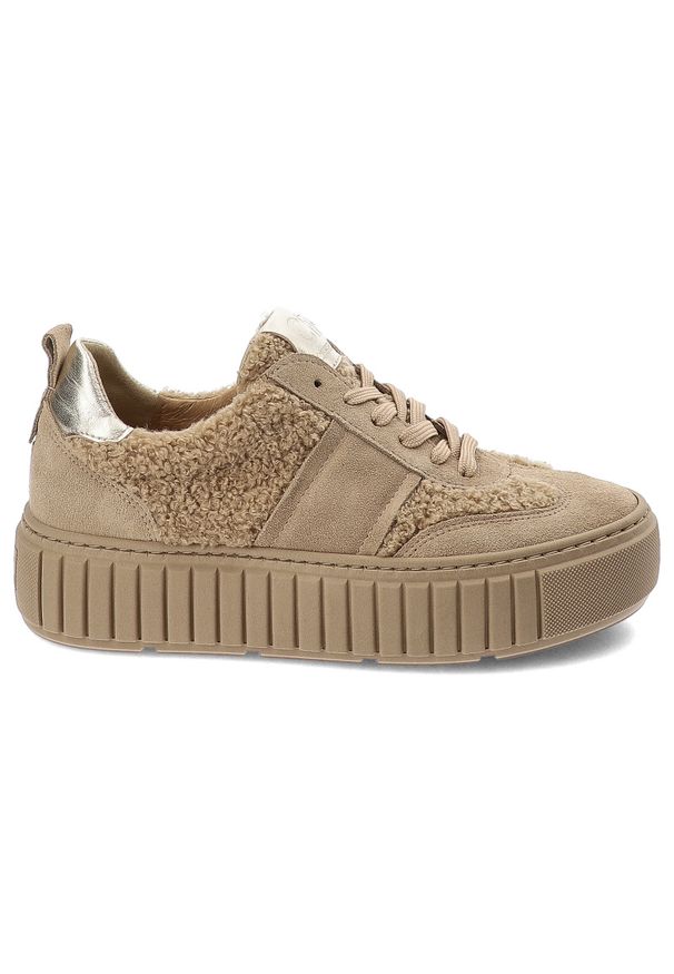 CheBello - Beżowe Sneakersy Chebello Stylowe Obuwie Damskie Z Futerkiem. Okazja: na co dzień. Kolor: beżowy. Materiał: futro. Styl: elegancki