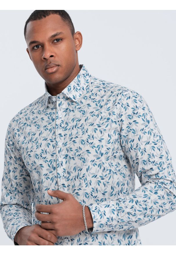 Ombre Clothing - Koszula męska SLIM FIT w print gałązek - niebiesko-szara V2. Okazja: na co dzień. Kolor: szary. Materiał: skóra, bawełna, tkanina. Wzór: nadruk. Styl: casual