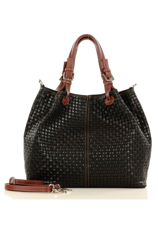 GENUINE LEATHER - Czarna Włoska Torebka Typu Shopper - Carina Treccia. Kolor: czarny