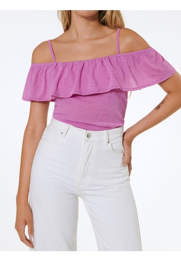 Sinsay - Top na ramiączkach z falbaną przy dekolcie - różowy. Kolor: różowy. Długość rękawa: na ramiączkach