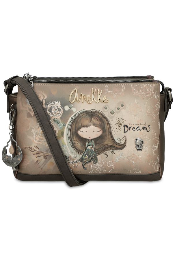 Torebka damska Anekke, mała we wzory z regulowanym paskiem zapinana na zamek, brązowa, 41703-184. Kolor: brązowy. Wzór: motyw z bajki, haft, kwiaty. Dodatki: z breloczkiem, z haftem. Styl: casual