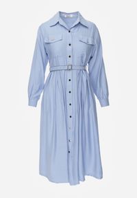 Born2be - Niebieska Wiskozowa Sukienka Koszulowa z Paskiem Andranassa. Okazja: na co dzień. Kolor: niebieski. Materiał: wiskoza. Wzór: aplikacja. Typ sukienki: koszulowe. Styl: casual, elegancki #6