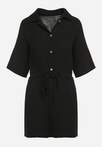 Born2be - Czarny Muślinowy Kombinezon z Bawełny Wiązany w Talii z Guzikami Dlirena. Kolor: czarny. Materiał: bawełna. Długość rękawa: krótki rękaw. Długość: krótkie. Styl: elegancki #3