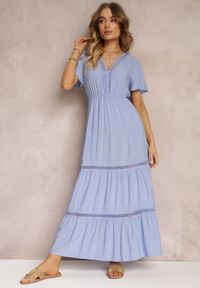 Renee - Jasnoniebieska Rozkloszowana Sukienka Maxi z Gumką w Talii i Koronkowym Dekoltem Cheteia. Kolor: niebieski. Materiał: koronka. Sezon: lato, wiosna. Długość: maxi #4