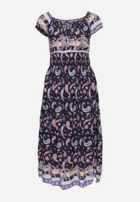 Born2be - Granatowa Sukienka na Lato Bawełniana Hiszpanka z Wzorem Paisley i Gumką w Pasie Vediana. Okazja: na ślub cywilny, na co dzień, na spacer, na wesele. Typ kołnierza: dekolt hiszpanka. Kolor: niebieski. Materiał: bawełna. Długość rękawa: na ramiączkach. Wzór: paisley. Sezon: lato. Styl: casual #5