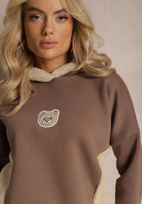 Renee - Brązowa Bluza z Bawełny z Ozdobną Naszywką z Misiem i Polarowym Kapturem Hecatia. Typ kołnierza: kaptur. Kolor: brązowy. Materiał: polar, bawełna. Wzór: aplikacja #3