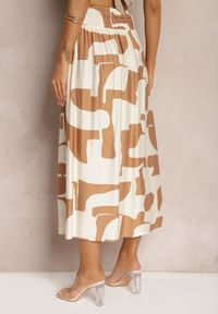 Renee - Beżowa Rozkloszowana Spódnica High Waist z Gumką w Talii i Guzikami Tinasshi. Stan: podwyższony. Kolor: beżowy. Materiał: tkanina. Sezon: lato