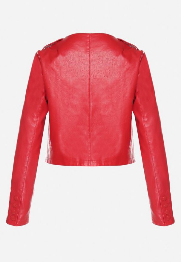 Born2be - Czerwona Kurtka Ramoneska z Ozdobnymi Guzikami Sesiania. Okazja: na co dzień. Kolor: czerwony. Materiał: jeans. Długość rękawa: długi rękaw. Długość: długie. Styl: casual, elegancki, klasyczny