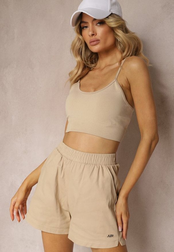 Renee - Beżowe Szorty z Bawełny High Waist z Gumką w Pasie Moavia. Okazja: na plażę, na spacer. Stan: podwyższony. Kolor: beżowy. Materiał: bawełna. Sezon: lato. Styl: elegancki