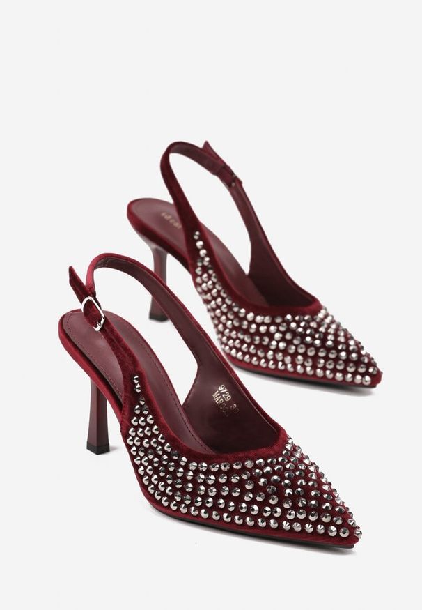 Born2be - Bordowe Szpilki Bez Pięty z Cyrkoniami Elorenne. Okazja: na imprezę. Zapięcie: sprzączka. Kolor: czerwony. Obcas: na szpilce. Styl: elegancki