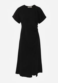 Born2be - Czarna Sukienka o Rozkloszowanym Kroju z Marszczeniem i Rozcięciem Zinnariae. Okazja: na co dzień. Kolor: czarny. Materiał: jeans. Styl: casual #4