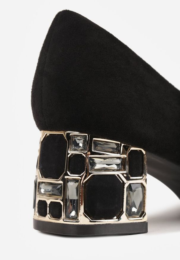 Renee - Czarne Czółenka Vices z Wkładką ze Skóry Naturalnej na Ozdobnym Słupku Nailise. Okazja: na imprezę, na co dzień. Kolor: czarny. Materiał: skóra. Obcas: na słupku. Styl: casual, elegancki. Wysokość obcasa: średni