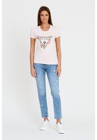 Guess - GUESS Różowy damski t-shirt Floral Triangle Tee, Rozmiar M. Kolor: różowy #5