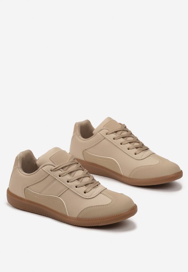 Born2be - Ciemnobeżowe Sneakersy przed Kostkę z Ozdobnymi Przeszyciami Erdafa. Wysokość cholewki: przed kostkę. Kolor: beżowy