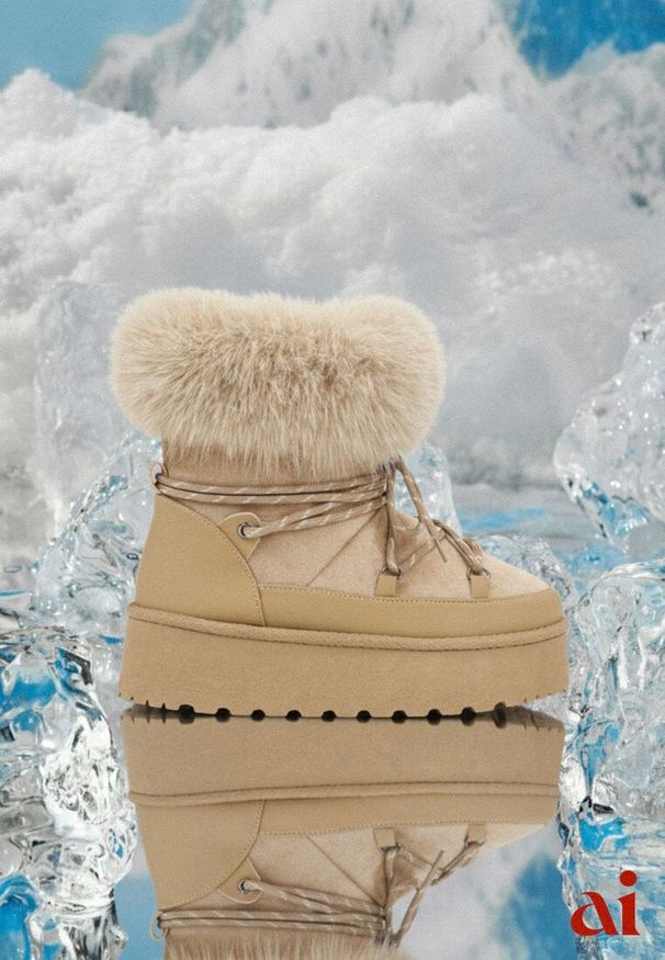 Renee - Ciemnobeżowe Śniegowce na Platformie Ozdobione Futerkiem Teswena. Okazja: na co dzień. Kolor: beżowy. Materiał: futro. Wzór: aplikacja. Sezon: zima. Obcas: na platformie. Styl: klasyczny, casual, elegancki