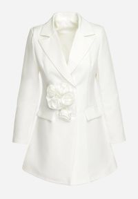 Born2be - Biała Marynarka Sukienka Zapinana na Guziki z Kieszeniami i Aplikacją 3D Różyczek Velira. Okazja: na co dzień. Kolor: biały. Wzór: aplikacja. Typ sukienki: proste. Styl: klasyczny, casual, elegancki #2