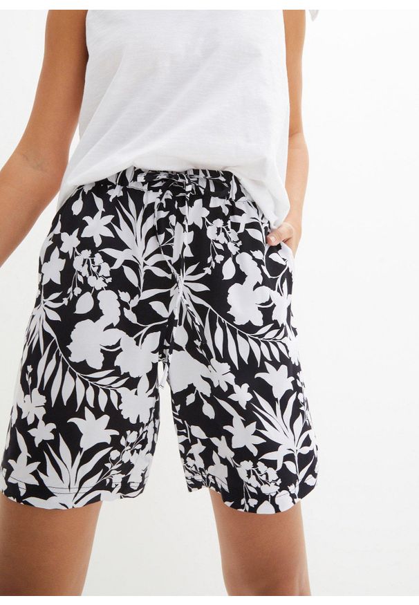 bonprix - Szerokie szorty z wiskozy, high waist, z elastyczną gumką w talii. Stan: podwyższony. Kolor: czarny. Materiał: wiskoza. Wzór: kwiaty, nadruk