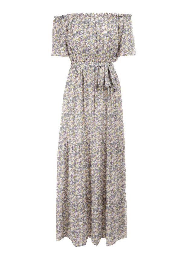 Born2be - Fioletowo-Żółta Sukienka z Bawełny Thesamia. Kolor: fioletowy. Materiał: bawełna. Wzór: nadruk, kwiaty. Długość: maxi