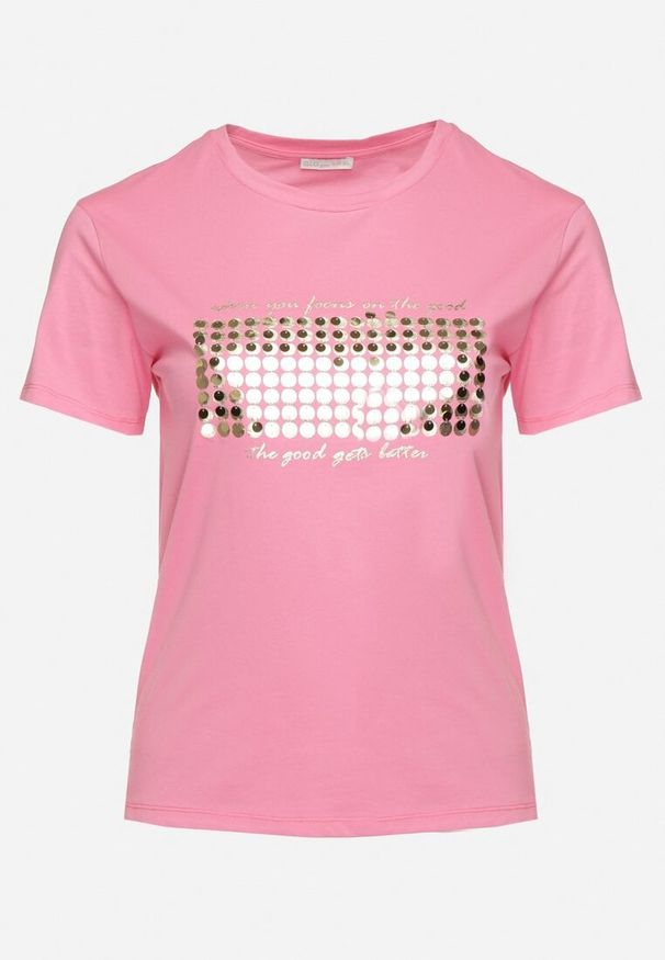 Born2be - Różowy T-shirt Bawełniany Ozdobiony Cekinami Lirenell. Okazja: na co dzień, do pracy. Kolor: różowy. Materiał: bawełna. Wzór: aplikacja. Styl: glamour, klasyczny, casual