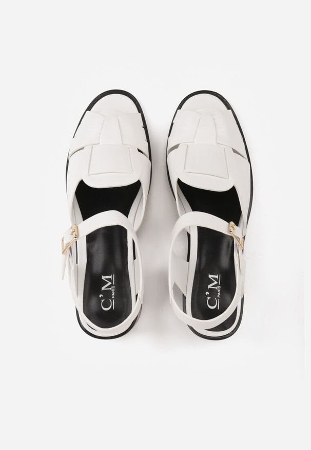 Renee - Białe Sandały na Słupku z Geometryczną Cholewką Aiganele. Zapięcie: sprzączka. Kolor: biały. Materiał: jeans. Wzór: geometria. Obcas: na słupku. Styl: klasyczny. Wysokość obcasa: średni