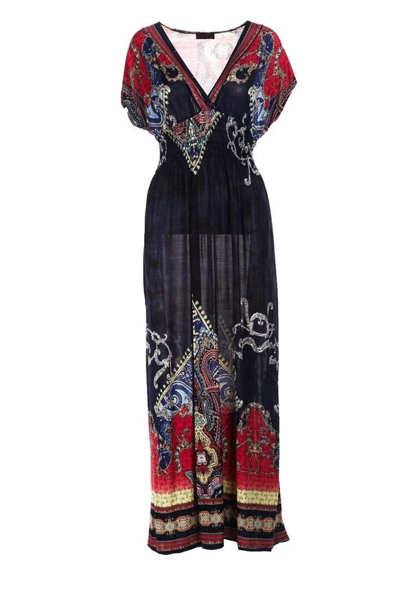 Renee - Granatowa Sukienka o Kopertowym Kroju w Ornamentalny Print Nalori. Kolor: niebieski. Materiał: materiał. Długość rękawa: krótki rękaw. Wzór: nadruk. Typ sukienki: kopertowe. Długość: maxi