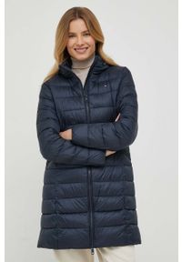 TOMMY HILFIGER - Tommy Hilfiger kurtka damska kolor granatowy przejściowa. Typ kołnierza: kaptur. Kolor: niebieski. Materiał: poliester
