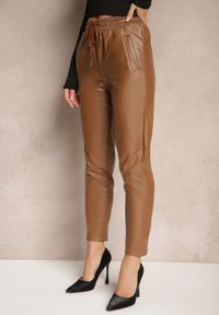 Renee - Brązowe Spodnie High Waist z Ekoskóry w Gumką w Talii Esaleira. Okazja: na co dzień. Stan: podwyższony. Kolor: brązowy. Styl: elegancki, casual #3