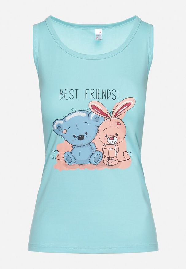Born2be - Jasnoniebieski Top z Elastycznej Bawełny z Uroczym Nadrukiem z Przodu Iviolia. Okazja: na co dzień. Kolor: niebieski. Materiał: bawełna. Wzór: nadruk. Styl: klasyczny, casual