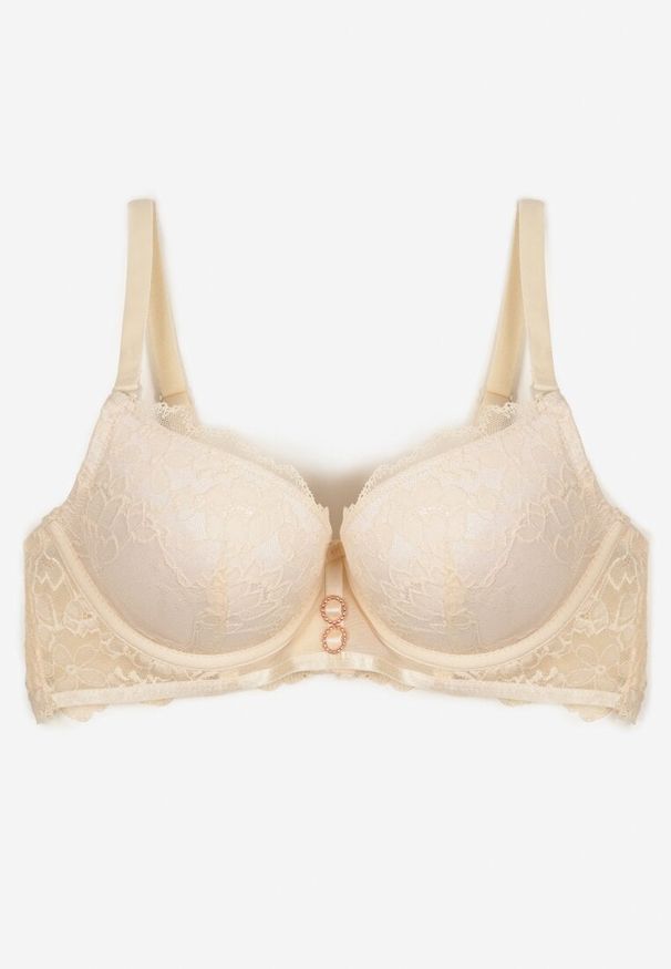 Renee - Jasnobeżowy Biustonosz Push Up Ozdobiony Koronką Temirenna. Kolor: beżowy. Materiał: koronka. Rodzaj stanika: push-up. Wzór: aplikacja, koronka