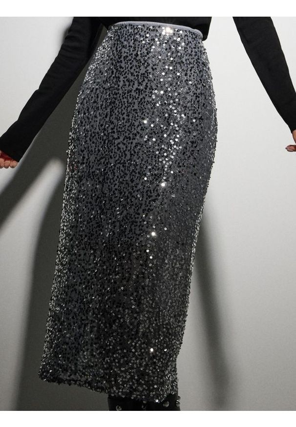 Sinsay - Spódnica ołówkowa z połyskującymi cekinami - srebrny. Kolor: srebrny