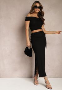 Renee - Czarny Komplet z Bawełny Długa Spódnica z Rozcięciem i Bluzka w stylu Hiszpanki Elanmi. Kolor: czarny. Materiał: bawełna #1