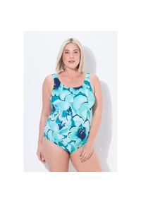 ULLA POPKEN - Damskie Strój kąpielowy liście bez miękkich miseczek. Kolekcja: plus size. Kolor: niebieski, wielokolorowy, turkusowy. Materiał: poliamid, poliester, materiał, elastan